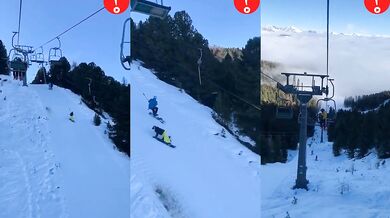 Snowboardista převálcuje všechny na vleku