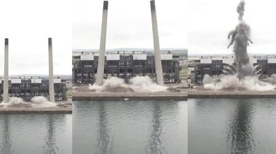 Demolice komínů elektrárny Cockenzie v roce 2015