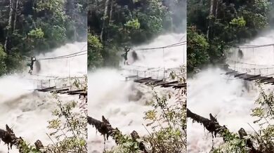 Nebezpečné přecházení visutého mostu v Arunáčalpradéši