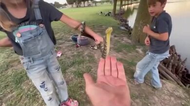 Táta nechal dceru chytat hada u jezera